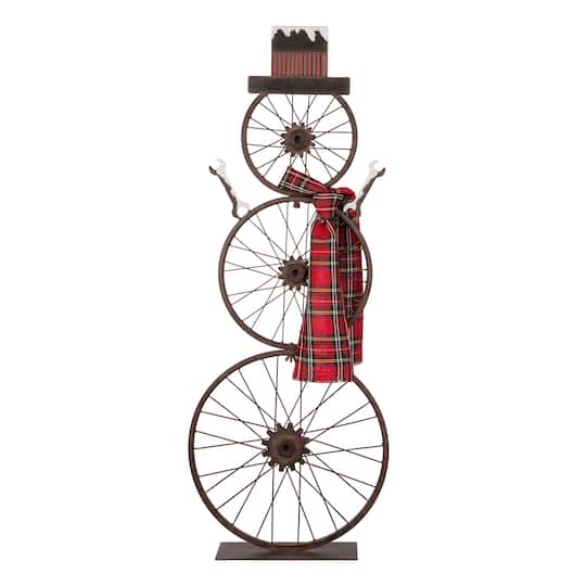 Glitzhome&#xAE; 34&#x22; Metal Bike Wheel Snowman with Plaid Scarf Porch D&#xE9;cor